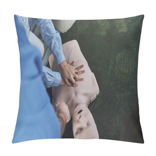 Personality  First Aid Seminar, Top View Of Young Woman Practicing Life-saving Skills While Doing Chest Compressions On CPR Manikin Near Medical Instructor, Emergency Situations Response Concept, Cropped View Pillow Covers