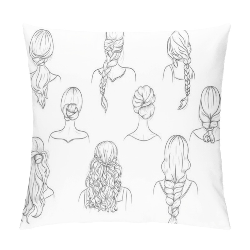 Personality  A Set Of Vector Female Hairstyles. Easy To Use. Outline Pillow Covers