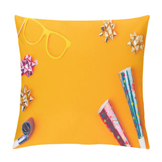 Personality  Flat Lay With Various Party Objects And Party Mask Isolated On Orange Pillow Covers