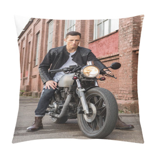 Personality  Brutal Man Sit On Cafe Racer Custom Motorbike. Pillow Covers