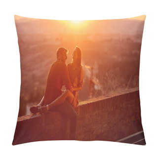 Personality  Lovers. Romantic At Sunset. Couple Smiling And Enjoying Together Pillow Covers
