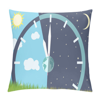 Personality  Autumnal Equinox, Astronomical Beginning Of Autumn. Night Becomes Longer Than Day In The Northern Hemisphere. Sun And Moon Over Grass Field. Vector Illustration. Pillow Covers