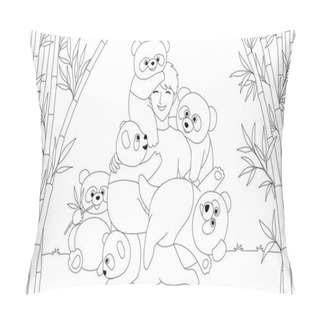 Personality  Chinese Boy Enjoy Playing With Cute Pandas In Bamboo Trees Forest For Coloring Book Page For Kids And Teen. Vector Illustration Pillow Covers
