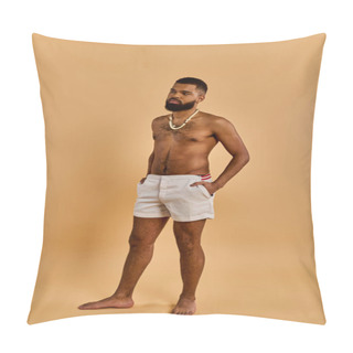 Personality  A Man Dressed In White Shorts Stands Confidently In Front Of A Tan Wall, Exuding A Sense Of Style And Sophistication In A Simple Yet Striking Setting. Pillow Covers