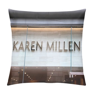 Personality  LONDON, UK - JULY 14, 2019: Karen Millen Brand Fashion Store In London UK. Karen Millen Brand Is Owned By Boohoo Group Plc Online Clothes Retailer. Pillow Covers
