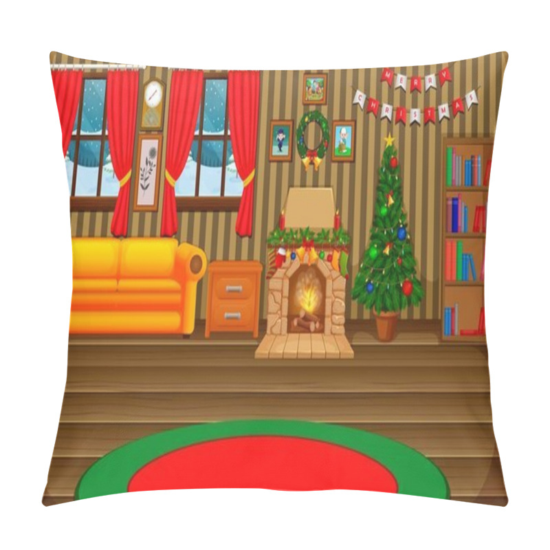 Personality  Christmas living room with a tree and fireplace pillow covers