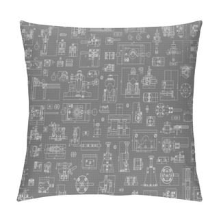 Personality  Engineering Backgrounds. Mechanical Engineering Drawings. Cover. Banner. Technical Design. Draft. Pillow Covers