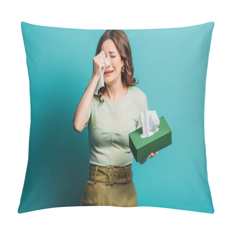 Personality  Crying Woman Wiping Tears With Paper Napkins On Blue Background Pillow Covers