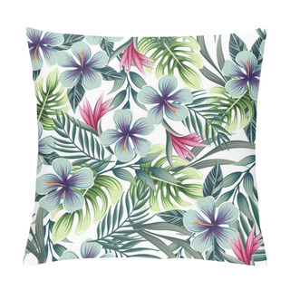 Personality  Seamless Colorful Pattern With Tropical Plants And Flowers On A White Background Pillow Covers