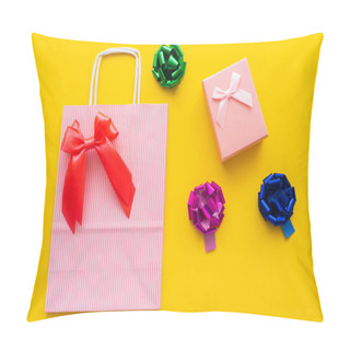 Personality  Top View Of Shopping Bag And Gift Bows Near Present On Yellow Background  Pillow Covers