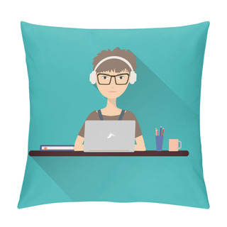 Personality  Flat Icon Of A Woman. Woman Working At A Laptop With Headphones Sitting At Her Desk.   Pillow Covers