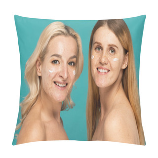 Personality  Cheerful Women With Different Skin Conditions And Cream On Faces Looking At Camera Isolated On Turquoise  Pillow Covers