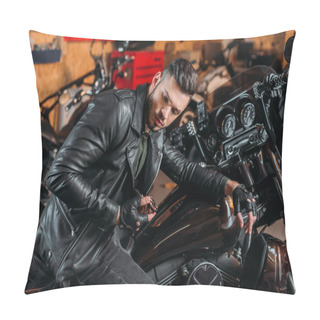Personality  Stylish Rockabilly Man Sitting On Bike At Garage Pillow Covers