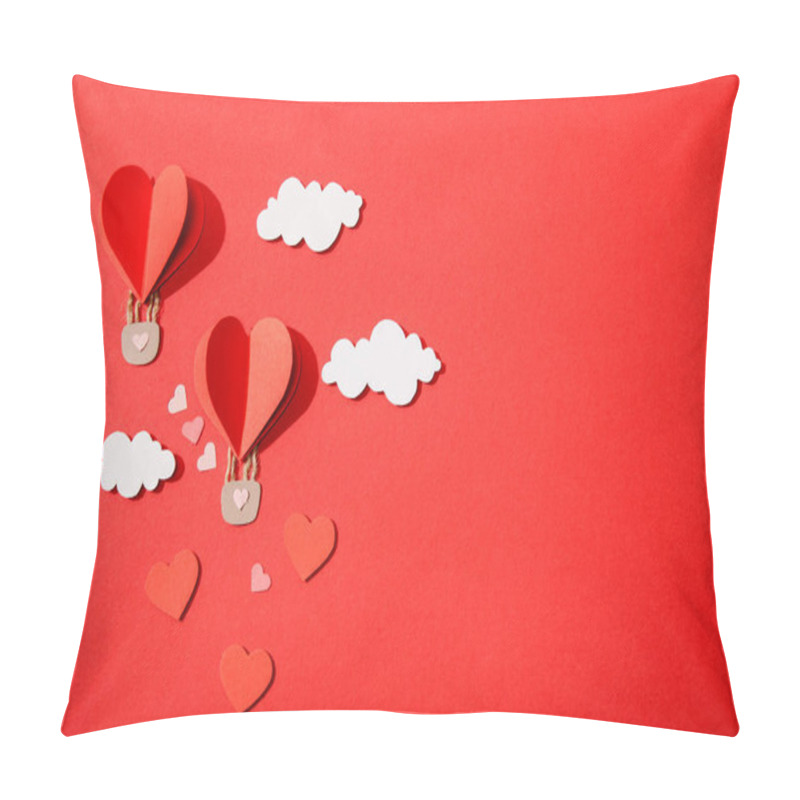 Personality  top view of paper heart shaped air balloons in clouds on red background pillow covers