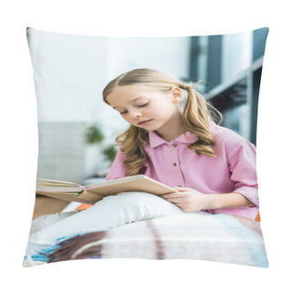 Personality  Selective Focus Of Cute Kid Sitting And Reading Book  Pillow Covers