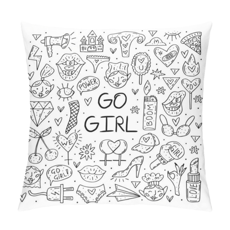 Personality  Go girl cute cartoon hand drawn doodle vector clip art, stickers, icons, set of design elements. Line art drawings design. Isolated on white background. Feminist symbols. Women's day. Women`s rights. pillow covers