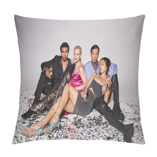 Personality  Stylish Interracial Friends Holding Champagne Glasses And Sitting On Confetti After New Year Party Pillow Covers