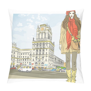 Personality  Vector Sketch Of A Stylish Girl In The City-center Pillow Covers