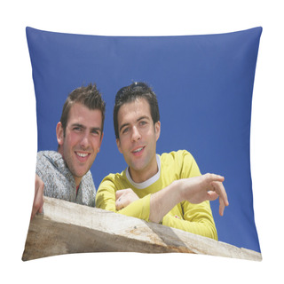 Personality  Two Male Friends Stood On Balcony Pillow Covers