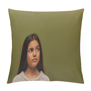 Personality  Portrait Of Thoughtful Preadolescent Brunette Girl In Stylish Knitted Sweater Looking Away While Standing And Posing Isolated On Green, Stylish Girl In Cozy Fall Attire Concept Pillow Covers