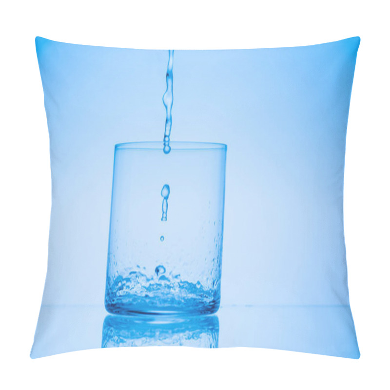 Personality  Toned Image Of Water Pouring In Empty Glass On Blue Background Pillow Covers