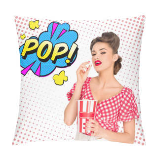 Personality  Portrait Of Beautiful Young Woman With Popcorn And Comic Style Pop Sign Isolated On White Pillow Covers