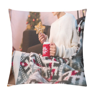 Personality  Woman In Blanked Holding Christmas Gingerbread Cookie And Cup With Hot Cocoa Pillow Covers