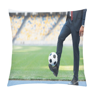 Personality  Cropped View Of Young Businessman In Suit Playing With Soccer Ball At Stadium Pillow Covers