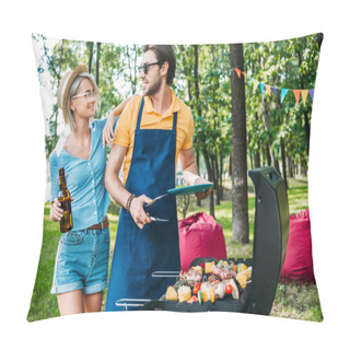 Personality  Portrait Of Cheerful Couple Having Barbecue In Summer Park Pillow Covers