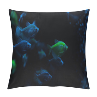 Personality  Selective Focus Of Fishes With Neon Light On Dark Background Pillow Covers