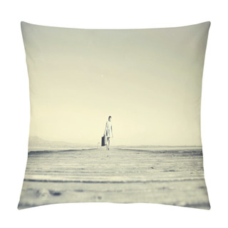 Personality  Traveler Woman Is Walking To Destination With Her Suitcase Pillow Covers