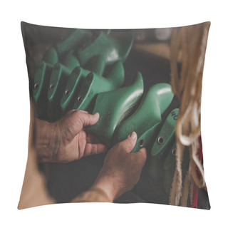 Personality  Cropped View Of Shoemaker Holding Shoe Last In Workshop Pillow Covers