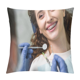 Personality  Close Up Of Cheerful Woman In Braces During Examination Of Teeth Near Dentist Pillow Covers