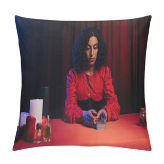 Personality  Brunette Medium Sitting Near Tarot Cards And Candles On Dark Background With Red Drape Pillow Covers