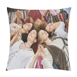 Personality  Joyful Multiethnic Women With Closed Eyes Holding Hands, Blanket, Outdoors,  Retreat Center Pillow Covers