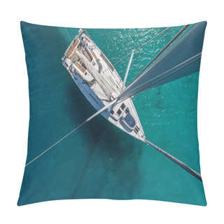 Personality  Top View Of Sailing Boat Anchored In The Shallows. Summer Sport And Recreation Activities. Pillow Covers