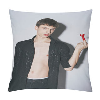 Personality  Provocative Young Man In Open Black Shirt Showing Middle Finger With Red Balloon On Grey Background Pillow Covers