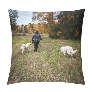 Personality  Two Big White Dogs Are Walking Outdoor With Owner. Tatra Shepherd Dog. Pillow Covers