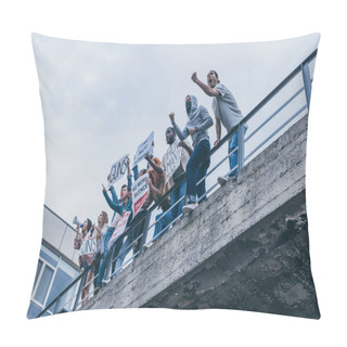 Personality  Low Angle View Of Multicultural People Screaming And Gesturing While Holding Placards  Pillow Covers