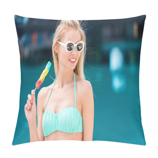 Personality  Beautiful Young Woman In Bikini And Vintage Sunglasses With Colorful Popsicle At Poolside Pillow Covers
