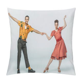 Personality  Stylish Dancers Holding Hands While Dancing Boogie-woogie On Grey Background Pillow Covers