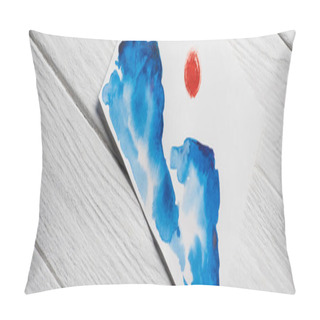 Personality  Top View Of Paper With Japanese Painting With Clouds And Sun On Wooden Background, Panoramic Shot Pillow Covers