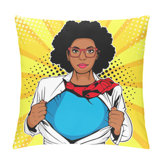 Personality  Pop Art Female Afro American Superhero. Young Sexy Woman Dressed In White Jacket Shows Superhero T-shirt. Vector Illustration In Retro Pop Art Comic Style. Pillow Covers