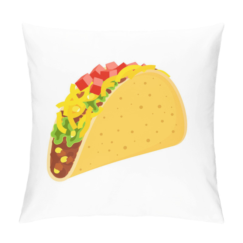 Personality  cute cartoon mexican tacos characters isolated on white, delicious fastfood yellow tacos with beef and chicken, green salad and red tomato for cafe party, restaurant season offer design pillow covers