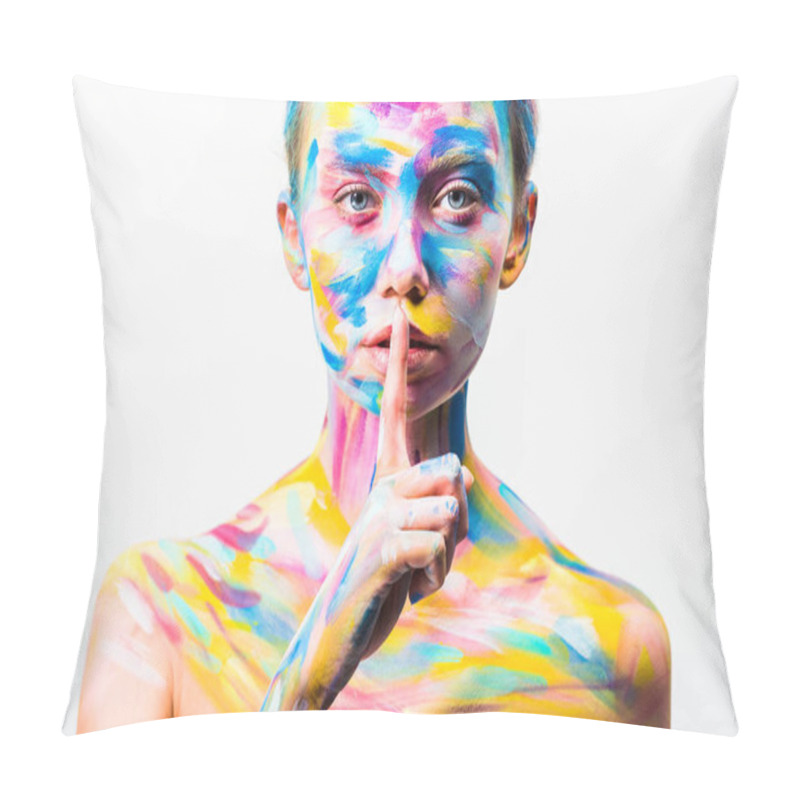 Personality  Attractive Girl With Colorful Bright Body Art Showing Silence Gesture Isolated On White   Pillow Covers