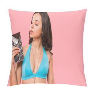 Personality  Attractive Girl In Swimsuit Looking At Chocolate Bar Isolated On Pink  Pillow Covers