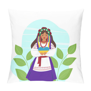 Personality  A Ukrainian Woman In National Clothes Holds A Yellow-blue Heart In Her Hands. Vector Illustration In Flat Style. Cute Female Character. Pillow Covers