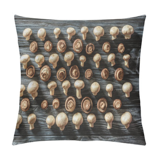 Personality  Top View Of White Raw Champignon Mushrooms In Rows On Wooden Surface Pillow Covers