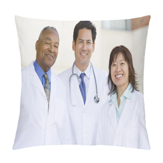 Personality  Three Doctors Standing Outside A Hospital Pillow Covers