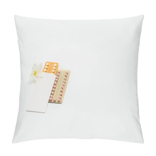 Personality  Two Blister Pack Of Birth Control Pills With Flower On White Background. Family Planning Concept Pillow Covers